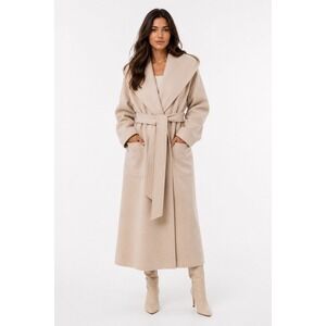 LIT Active Womens 100% Wool Wrap Coat‎ Beige Oatmeal Belted Shawl Collar Small